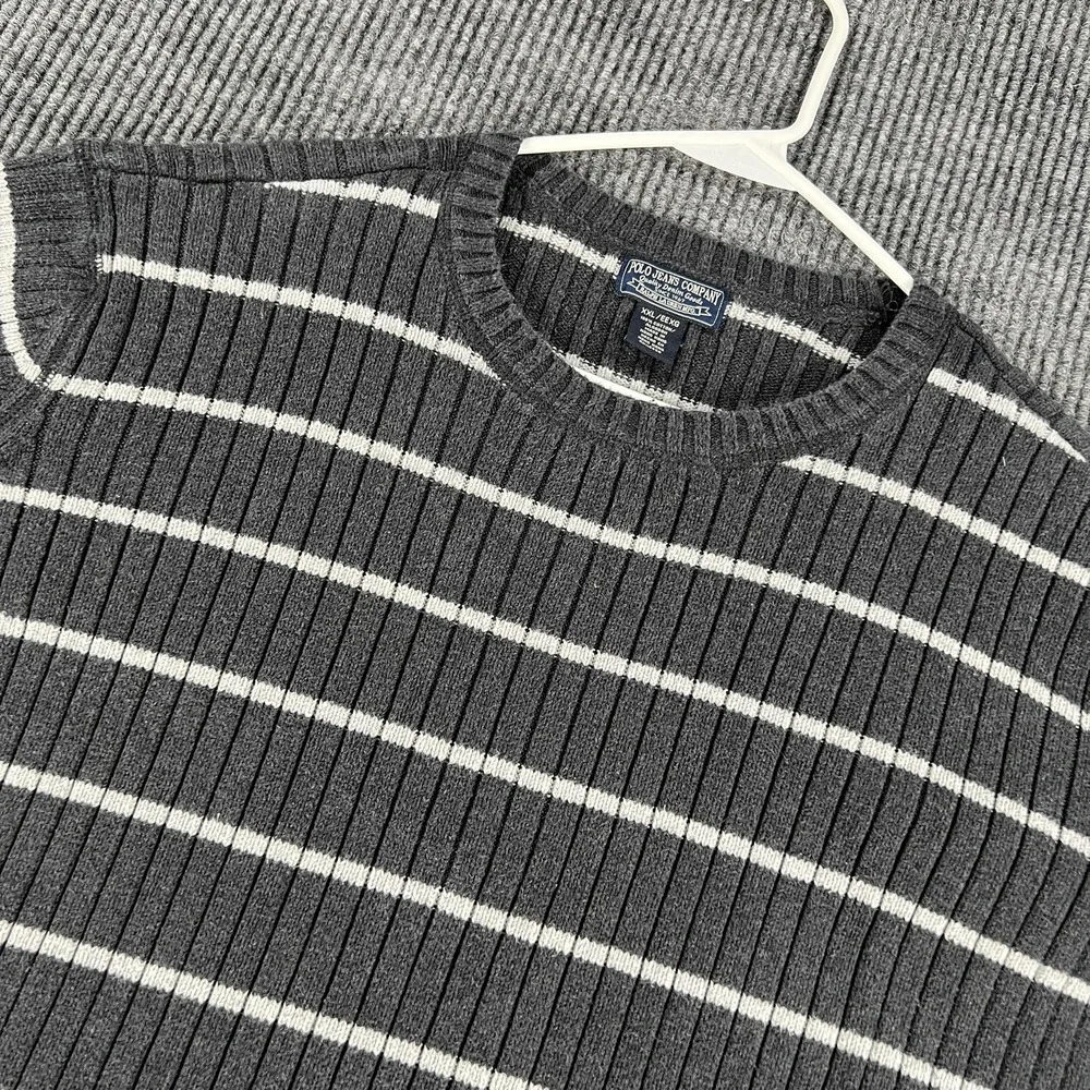 Vintage Polo Ralph Lauren Sweater Mens 2XL Gray Striped Cotton Crewneck Pullover